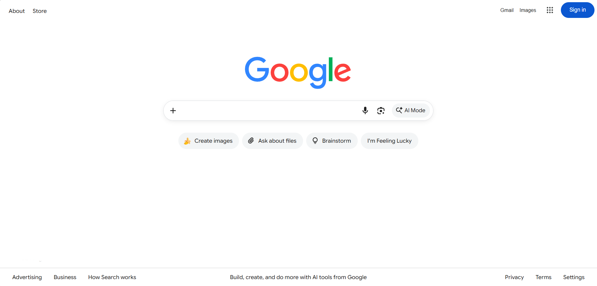 Google 搜索真实首页截图，显示搜索框与 AI Mode 入口