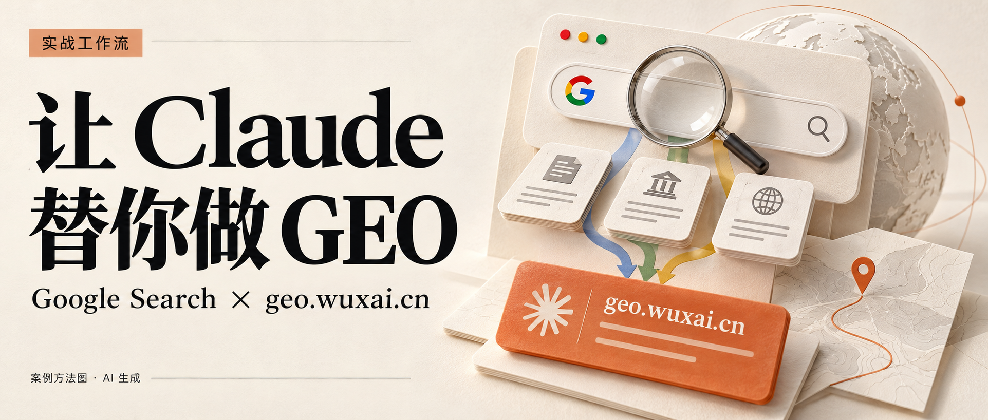 原教程封面：Claude 与 Google Search 做 GEO 的 AI 生成概念图