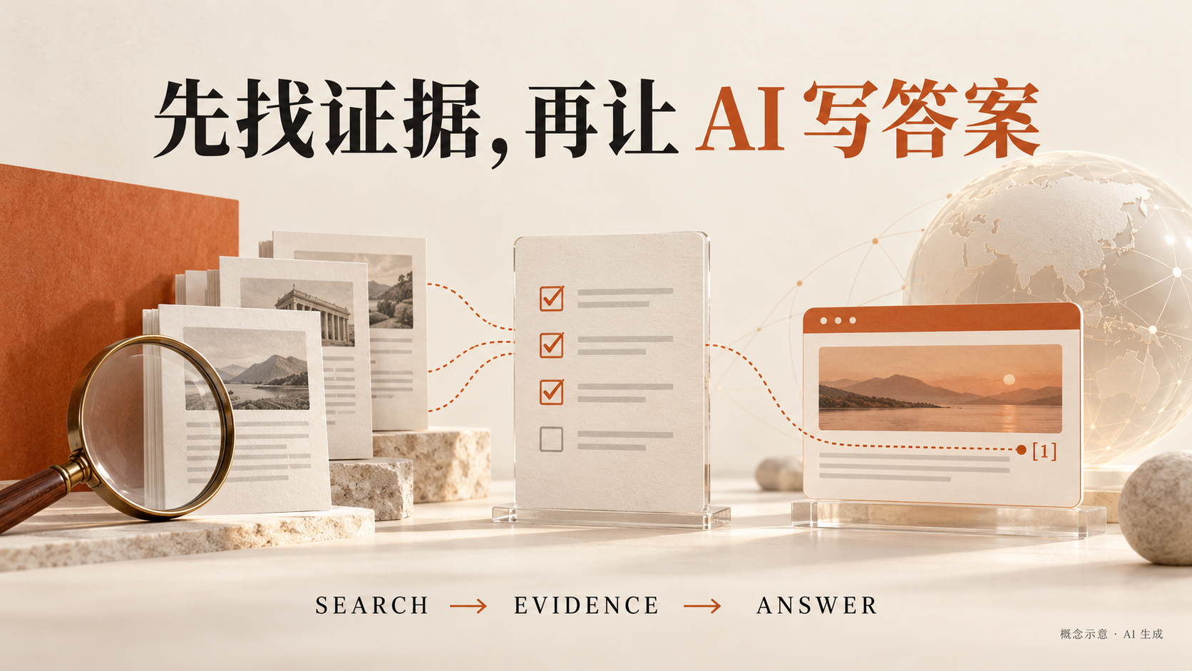从搜索、证据到可引用答案的概念示意